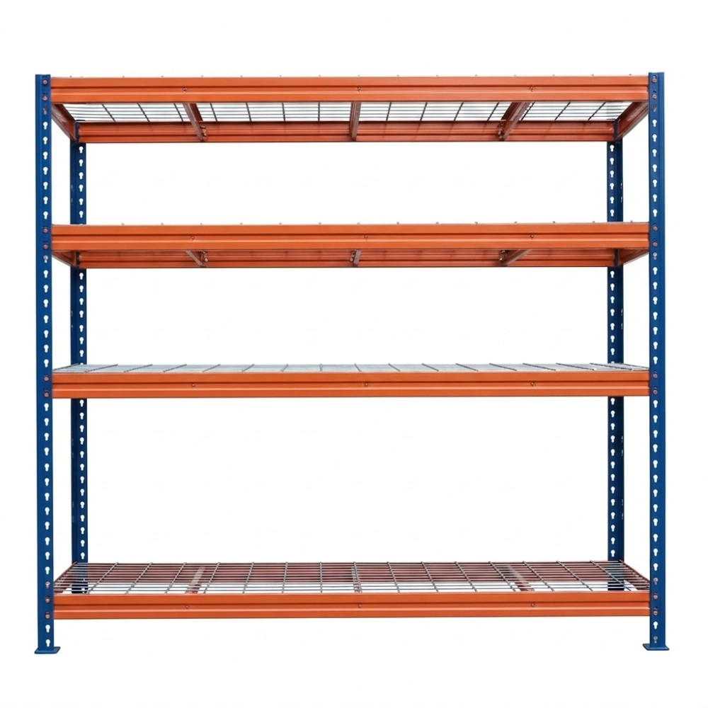 Fém polcok BULLRACK RIVET PRO 200x200x45 acélrács 4 szint kék-narancssárga
