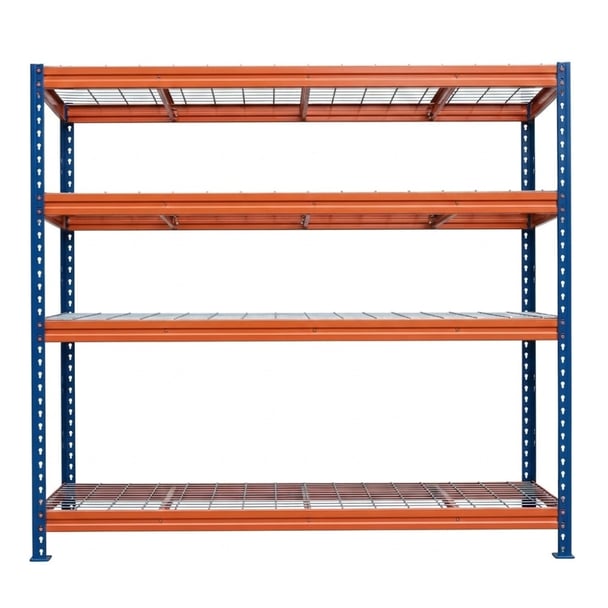 Fém polcok BULLRACK RIVET PRO 200x200x45 acélrács 4 szint kék-narancssárga