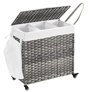 Szennyestartó, polyrattan, 3 rekeszes, kerekes, 140L, 66x66x33cm