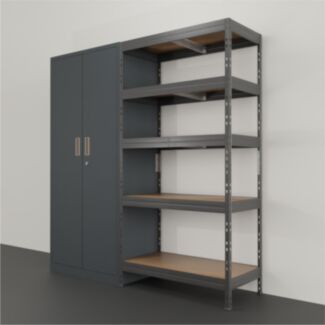 Nagy teherbírású polc RIVET 180X45X90cm, 5 HDF polclap, zárható fémszekrénnyel - Hover